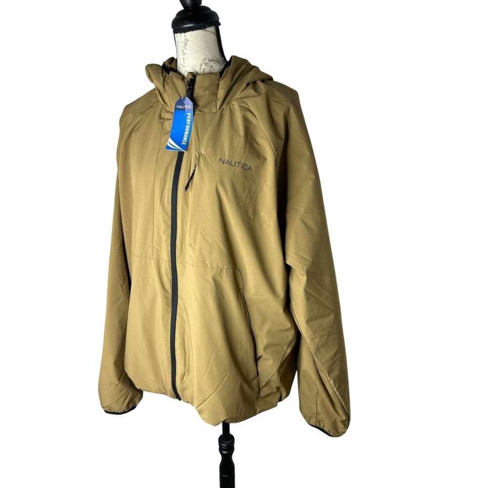 Nautica Hooded Windbreaker Rain Jacket Tan Beige FULL ZIP MEN'S XL NEW